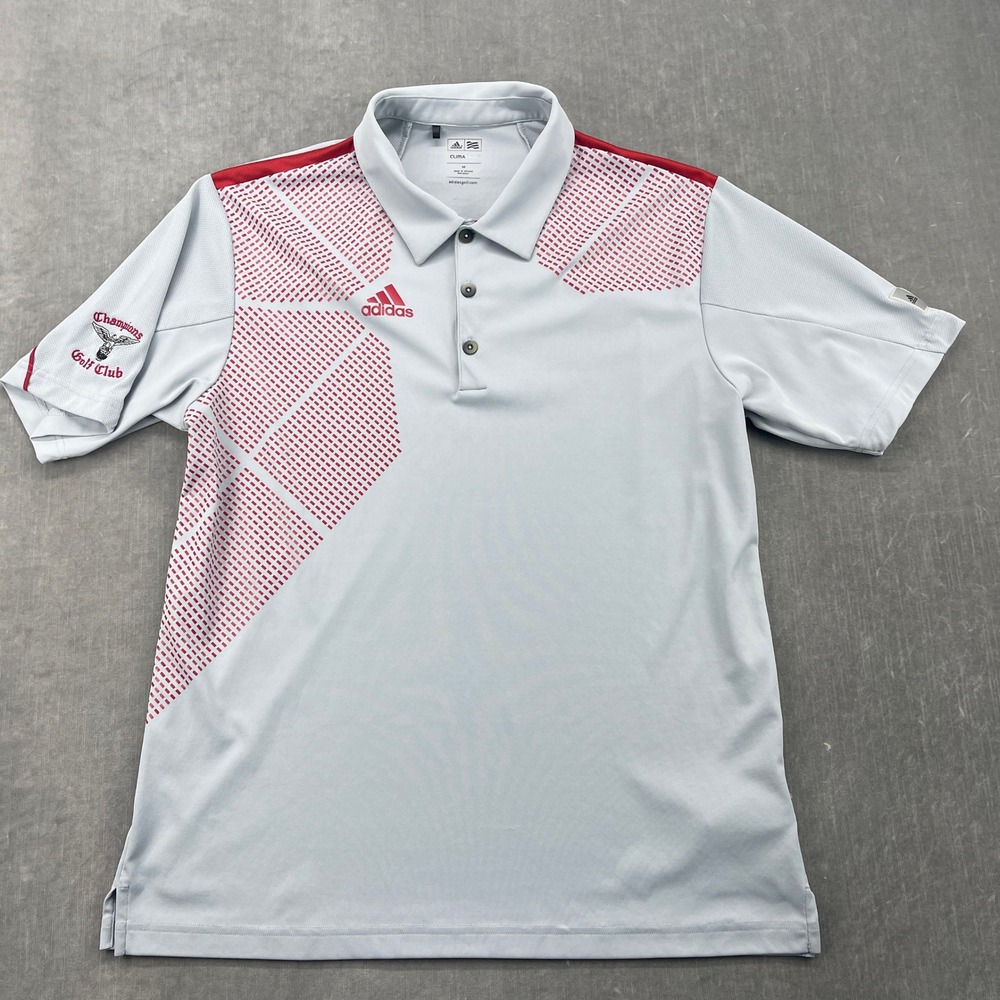 Adidas‎ Mens Medium Grey Red Polo Shirt ClimaCool Champions Golf Club Graphic